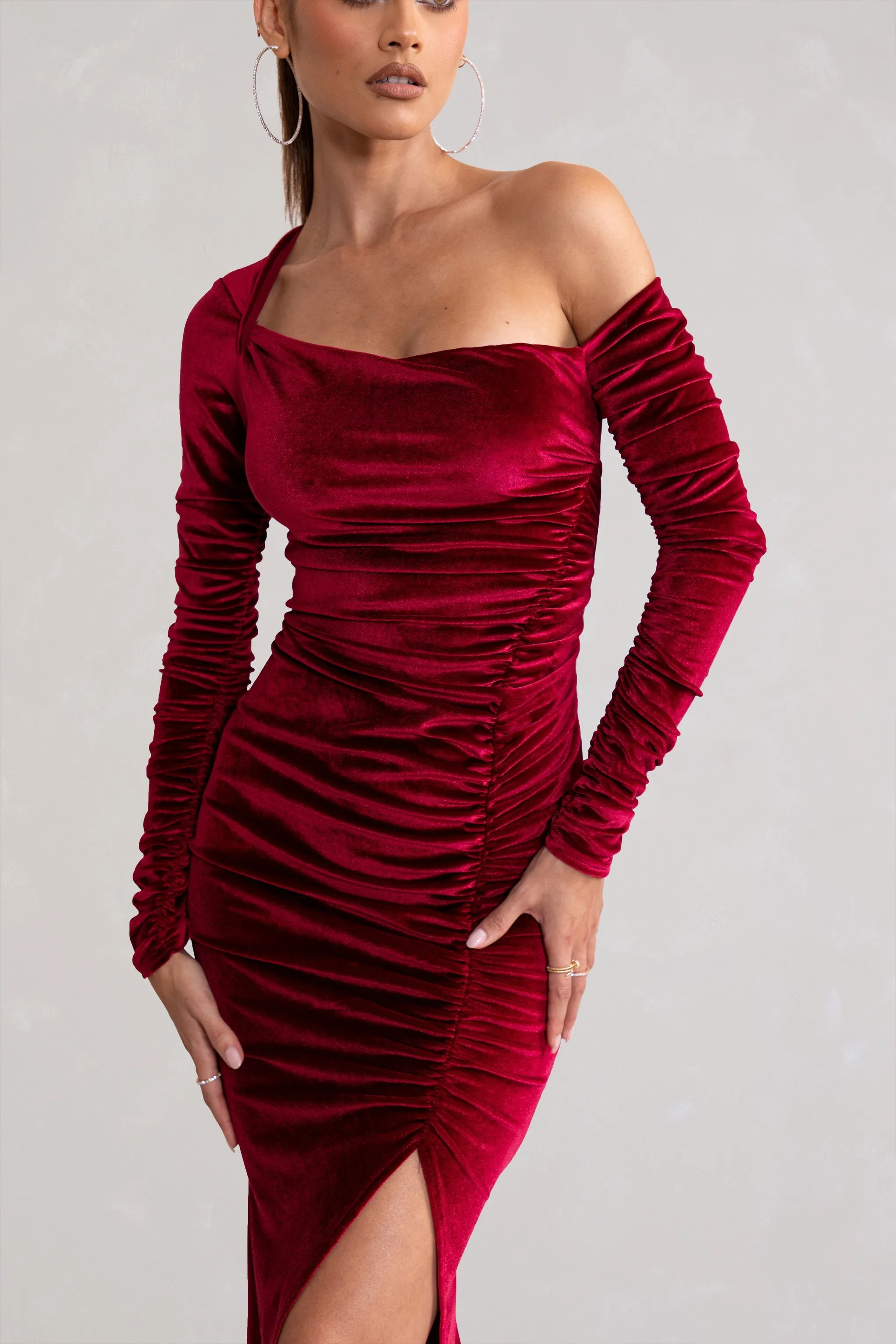 Agustina | Berry Velvet Asymmetric Neckline Midi Dress With Long Sleeves