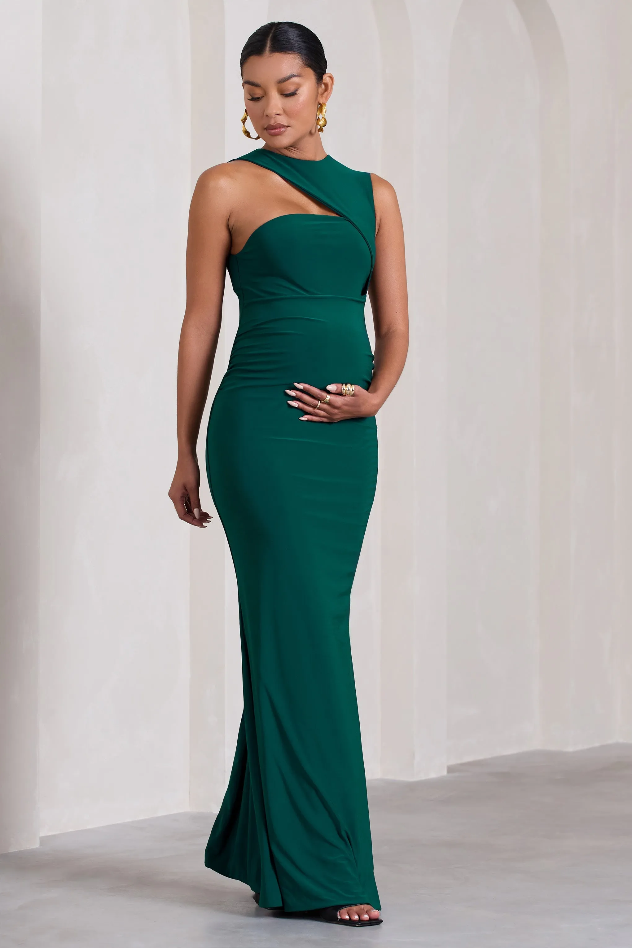 Angelic | Bottle Green High-Neck Cut-Out Maternity Maxi Dress