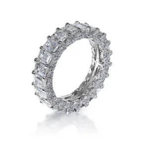 Angelica 6 Carat Emerald Cut Diamond Eternity Band in 14k White Gold Shared Prong With Diamond Encrusted Prongs