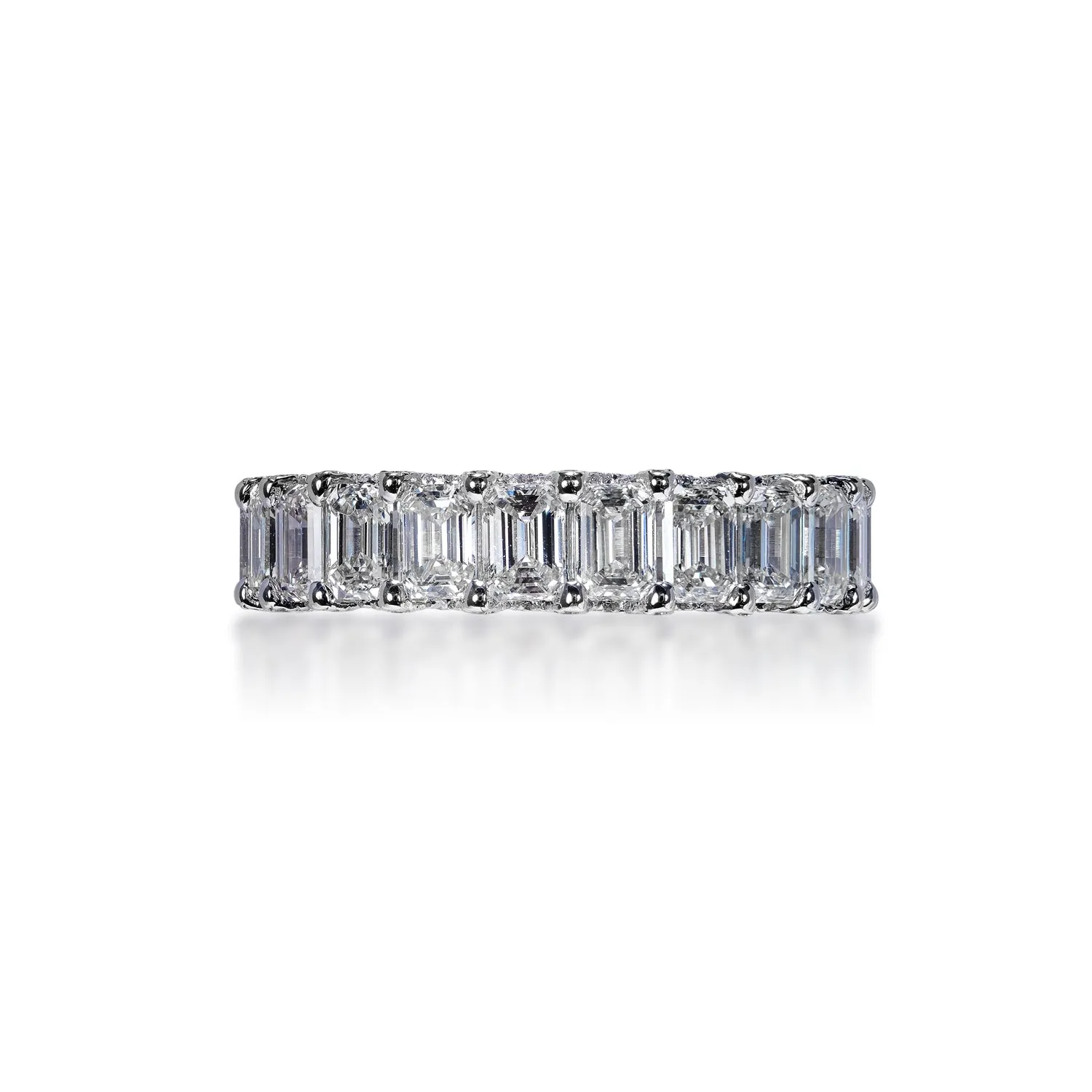 Angelica 6 Carat Emerald Cut Diamond Eternity Band in 14k White Gold Shared Prong With Diamond Encrusted Prongs