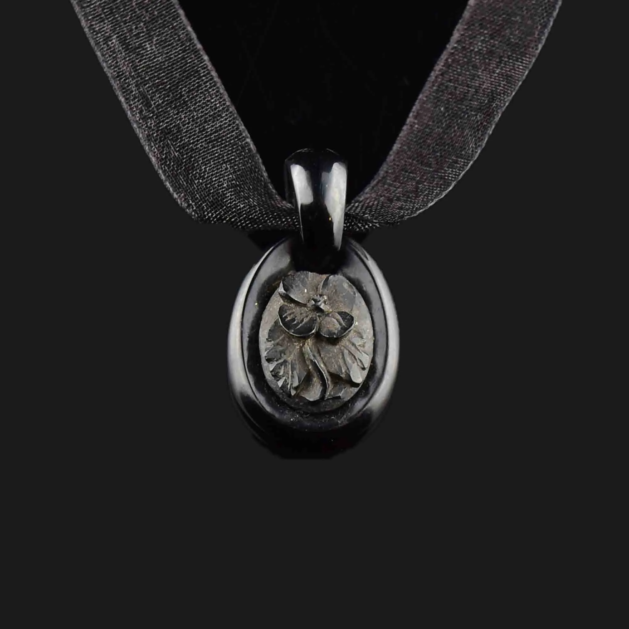 Antique Victorian Carved Whitby Jet Forget Me Not Pendant Necklace