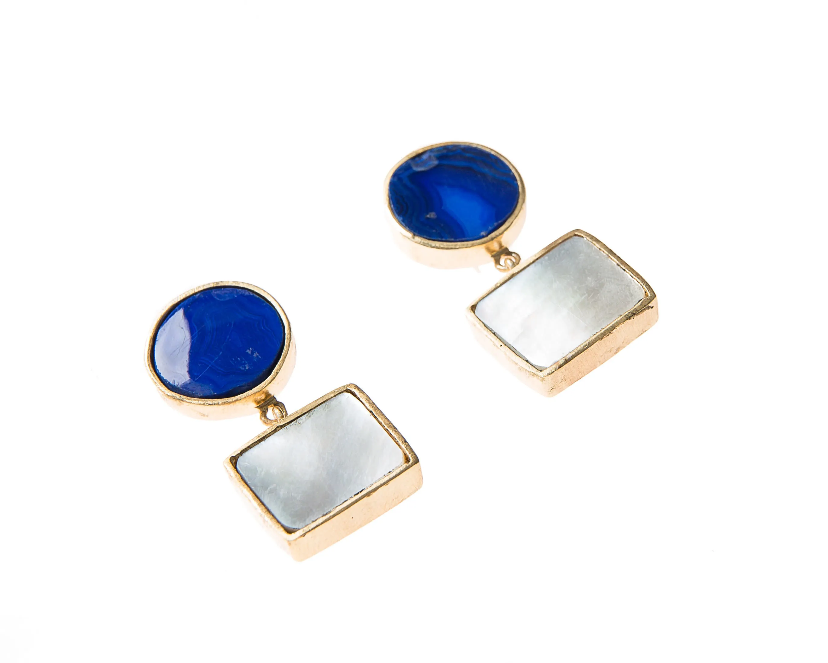 Anya Earrings (Round Blue Agate & Square White Mother-Of-Pearl)