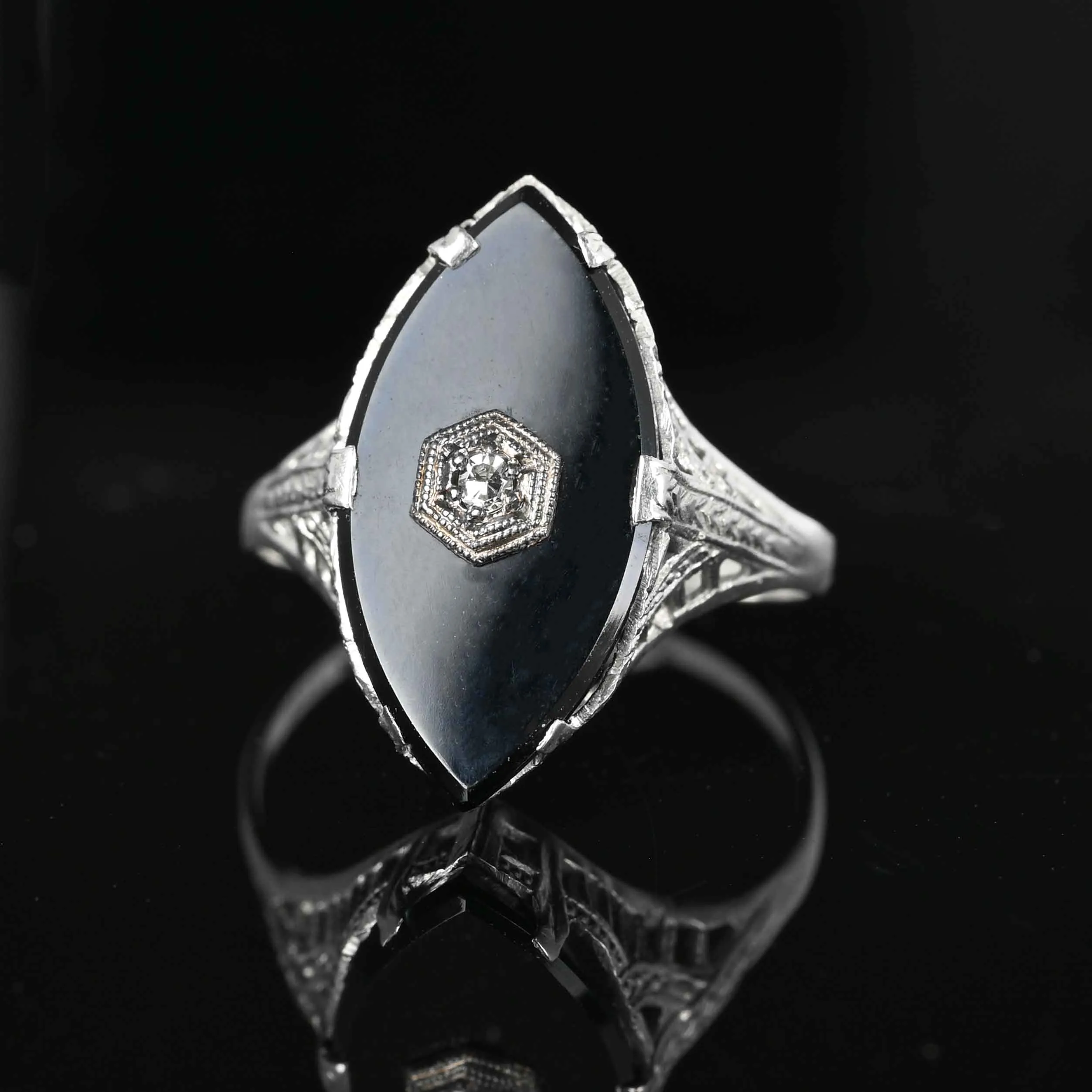 Art Deco Diamond Onyx Ring in 14K White Gold