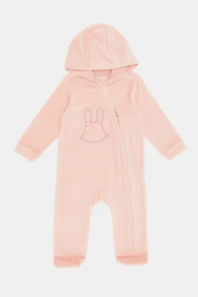 Babies Pink Embroidered Velour Hooded Sleepsuit