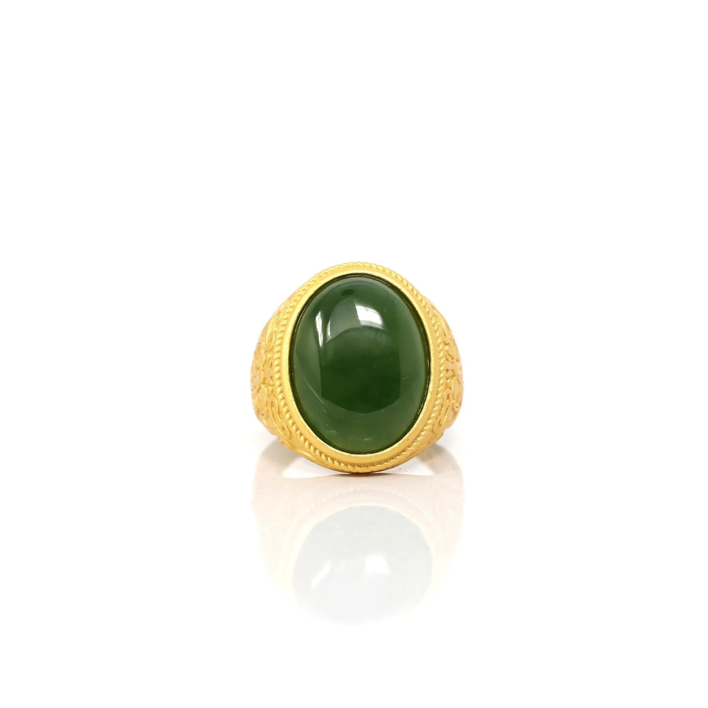 Baikalla Gold Plated Sterling Silver Green Nephrite Jade Men's Fancy Signet Ring