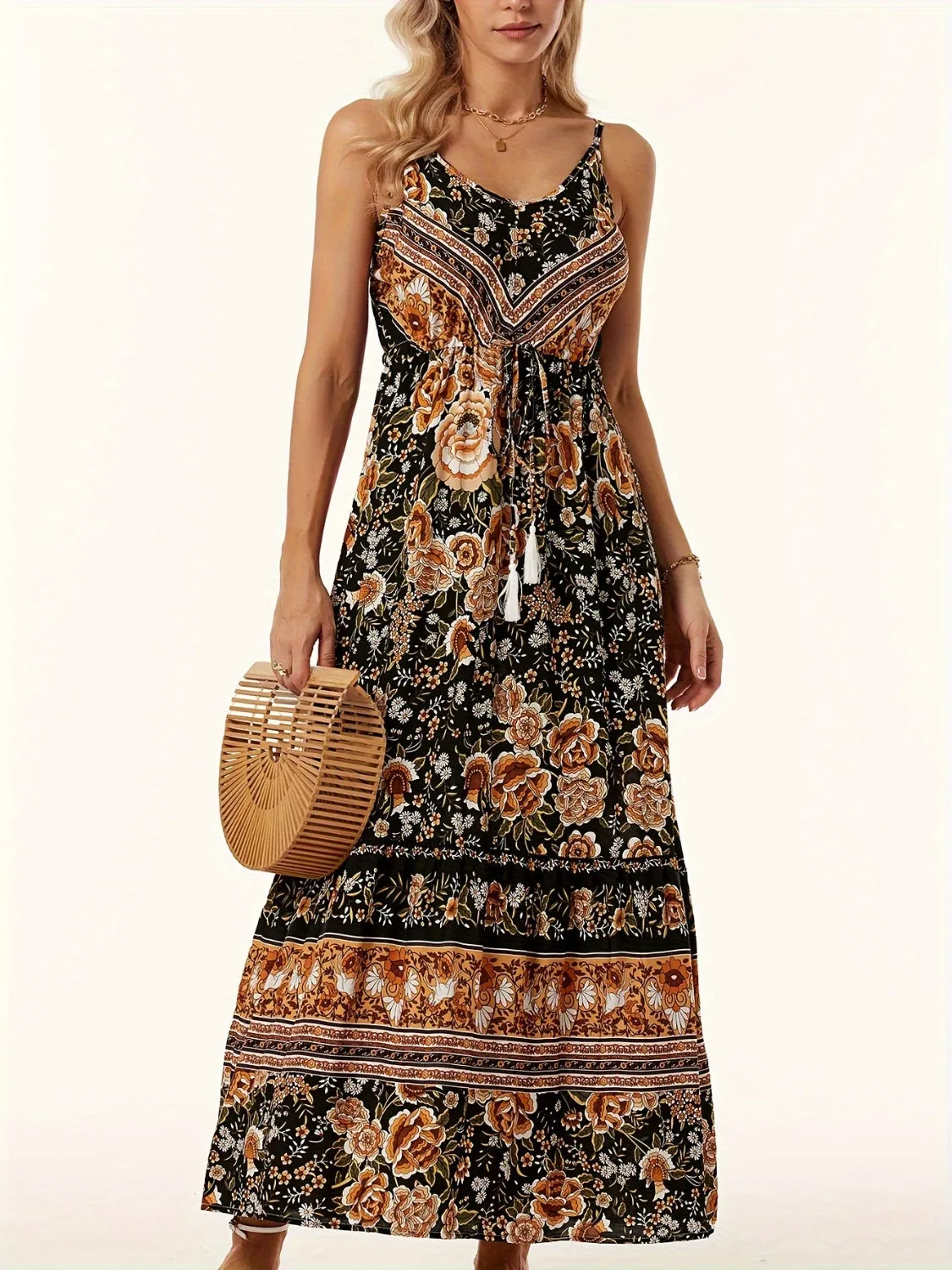 Beach Wedding Guest Midi Cami Dress for Women with Printed Scoop Neck