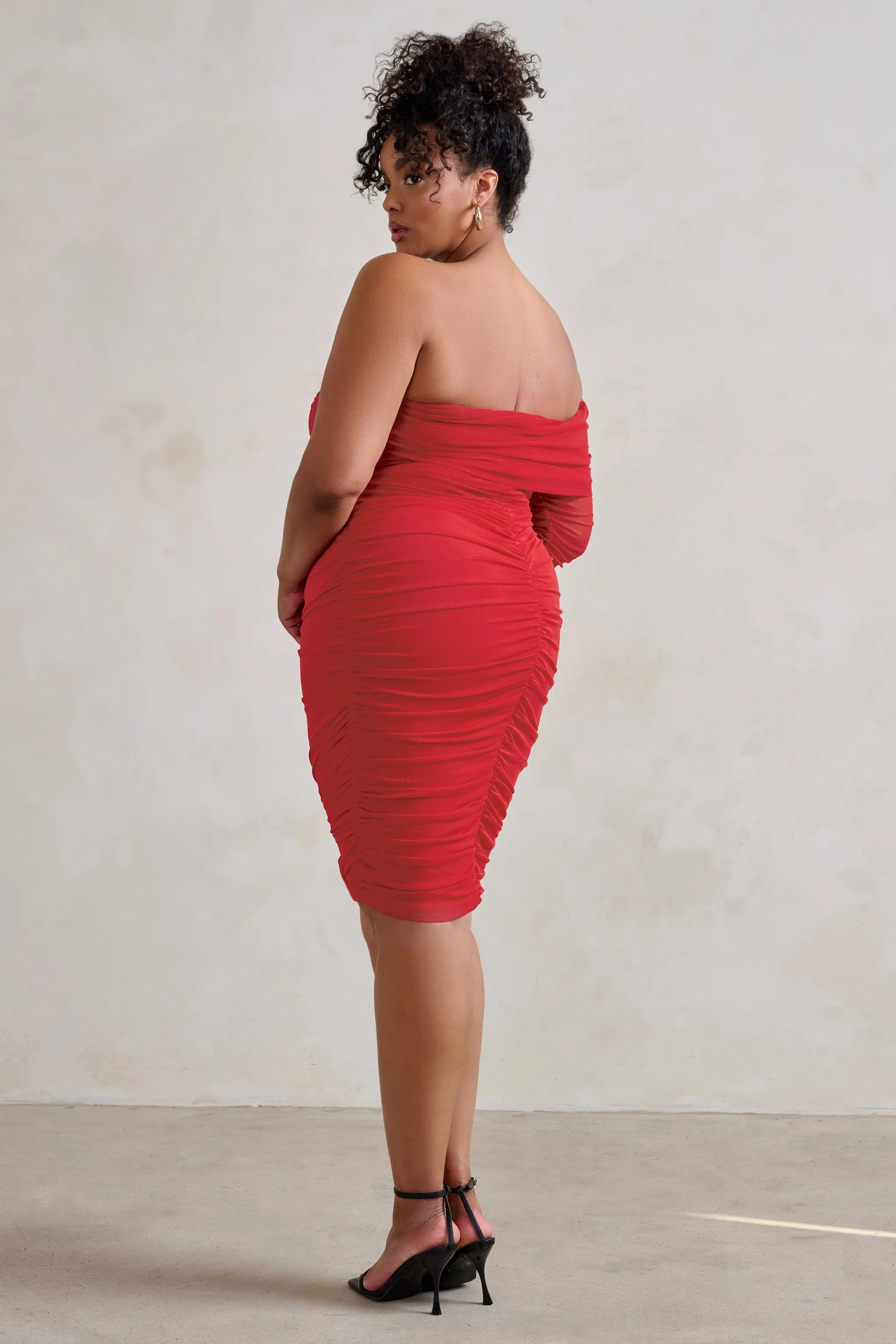 Bijou | Red Asymmetric Bardot Mesh Ruched Midi Dress