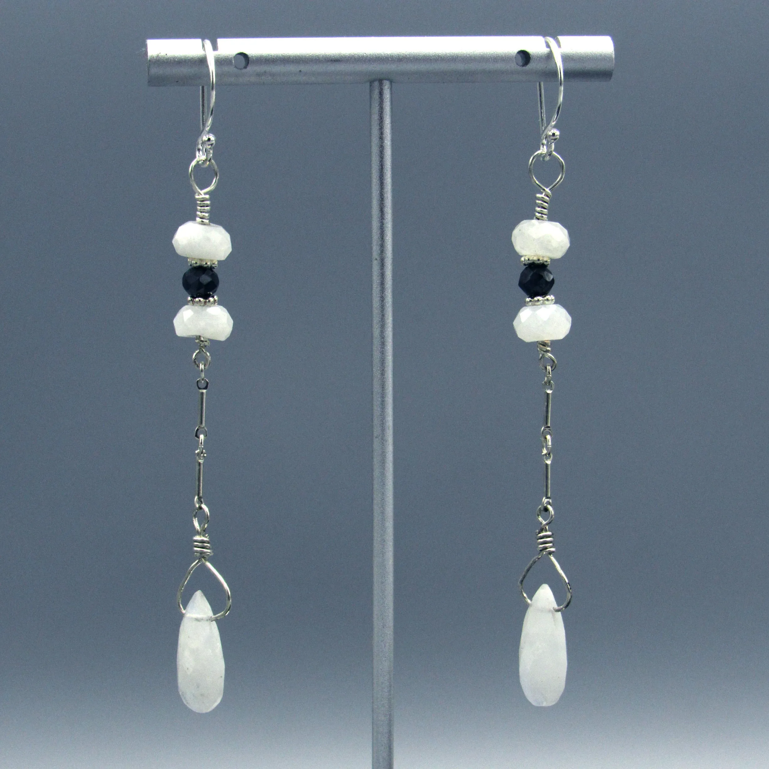 Black Diamond And Moonstone Long Drop Earrings w/ Sterling Silver