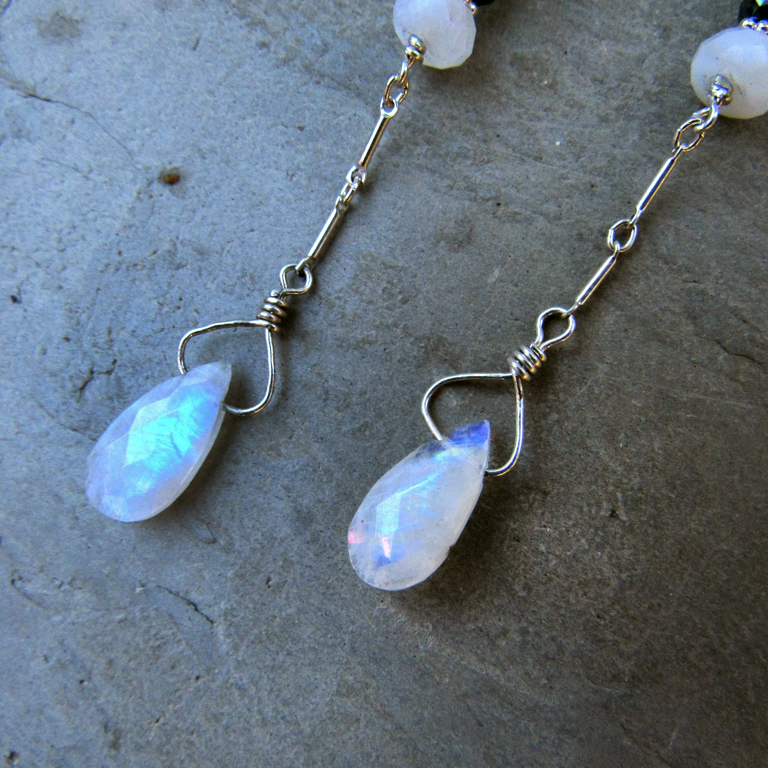 Black Diamond And Moonstone Long Drop Earrings w/ Sterling Silver