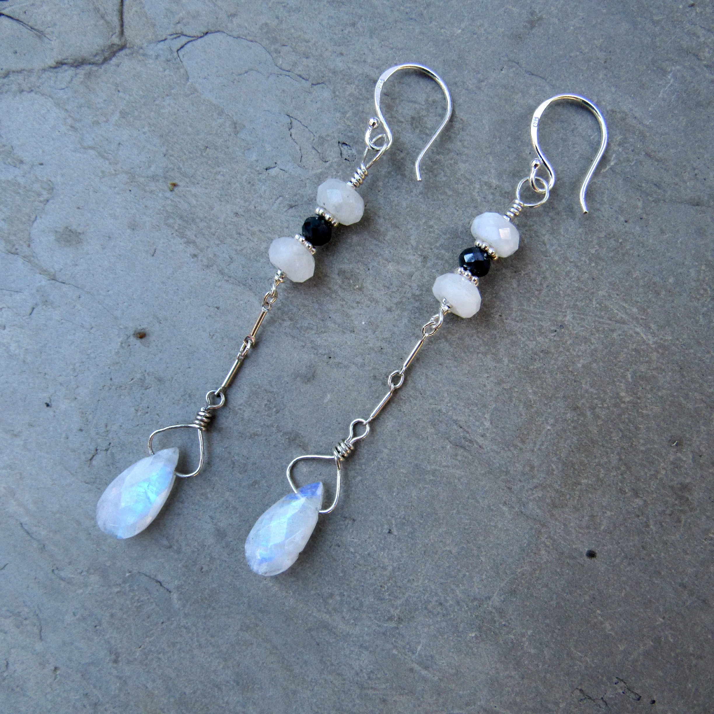 Black Diamond And Moonstone Long Drop Earrings w/ Sterling Silver