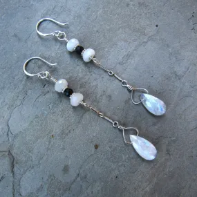 Black Diamond And Moonstone Long Drop Earrings w/ Sterling Silver