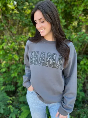 Black Leopard Mama Faux Embroidery Sweatshirt