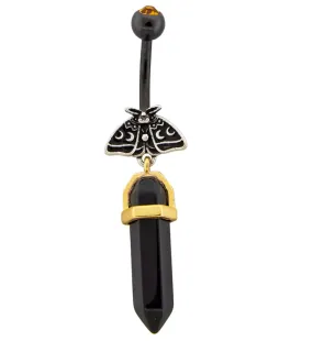 Black PVD Moon Phase Moth Black Crystal Dangle Stainless Steel Belly Button Ring