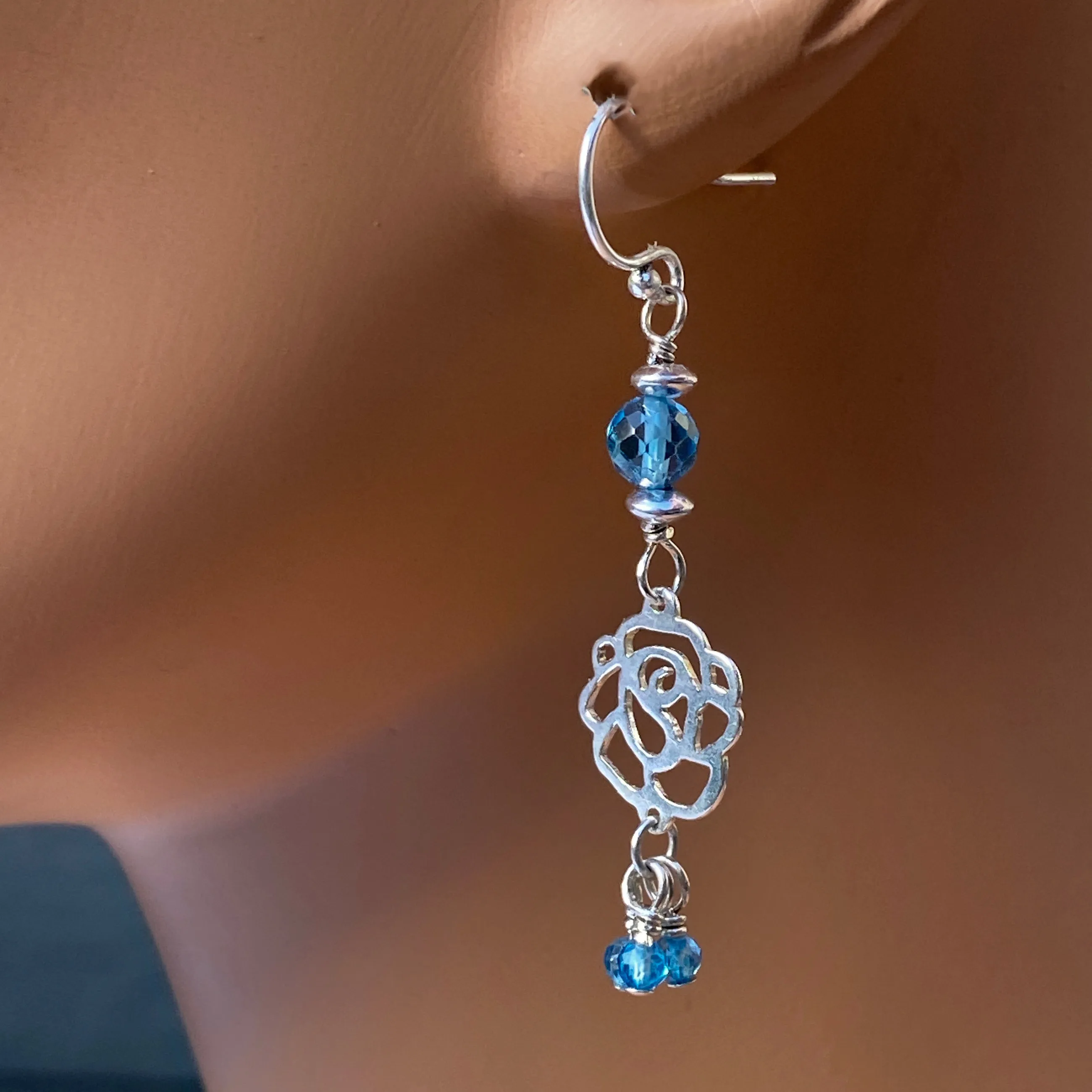 Blue Topaz and Rose Earrings