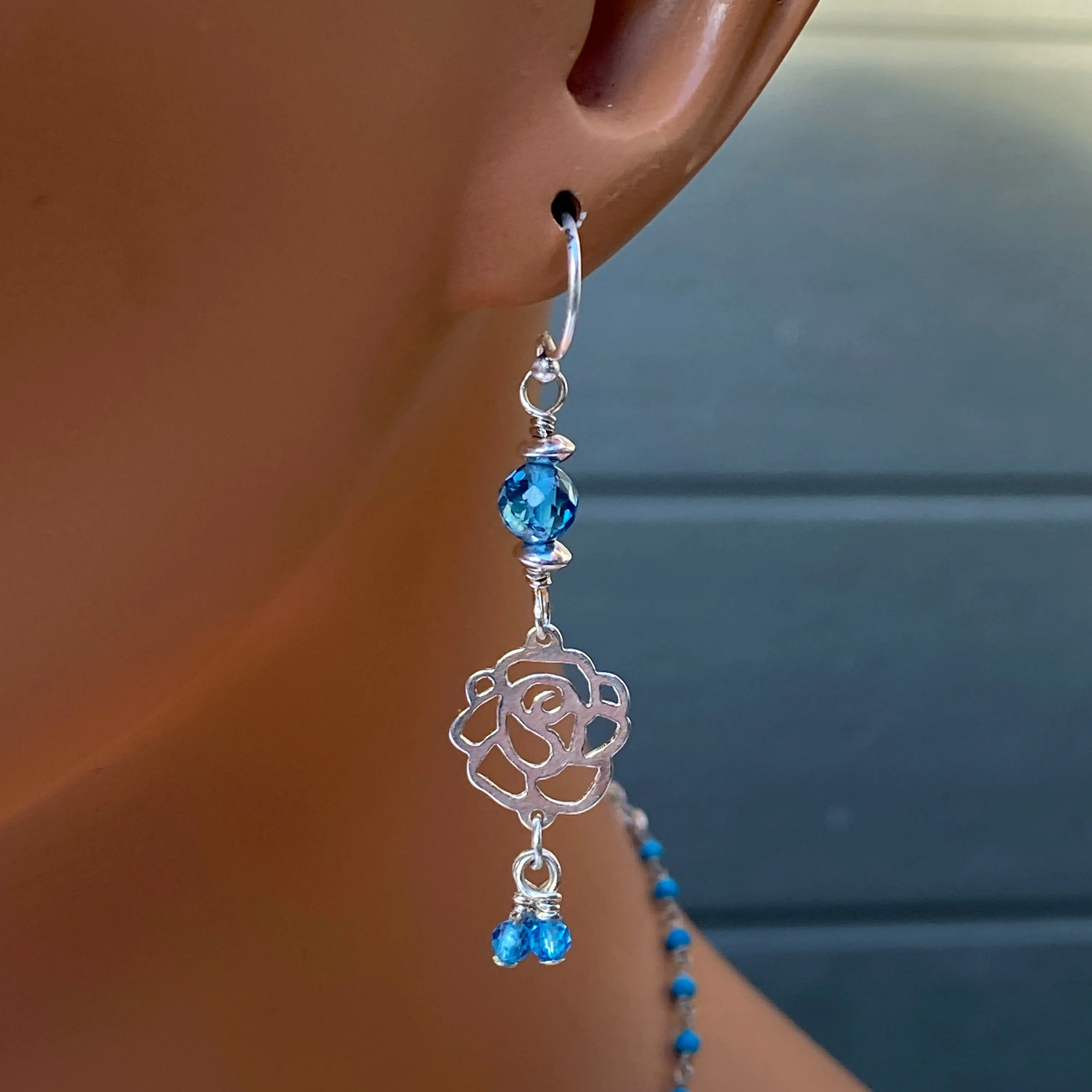 Blue Topaz and Rose Earrings