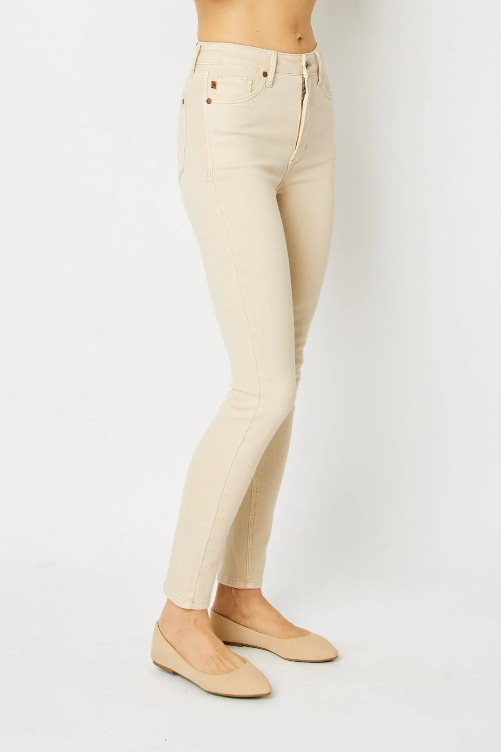 Bone Beige Full Size Garment Dyed Tummy Control Skinny Jeans