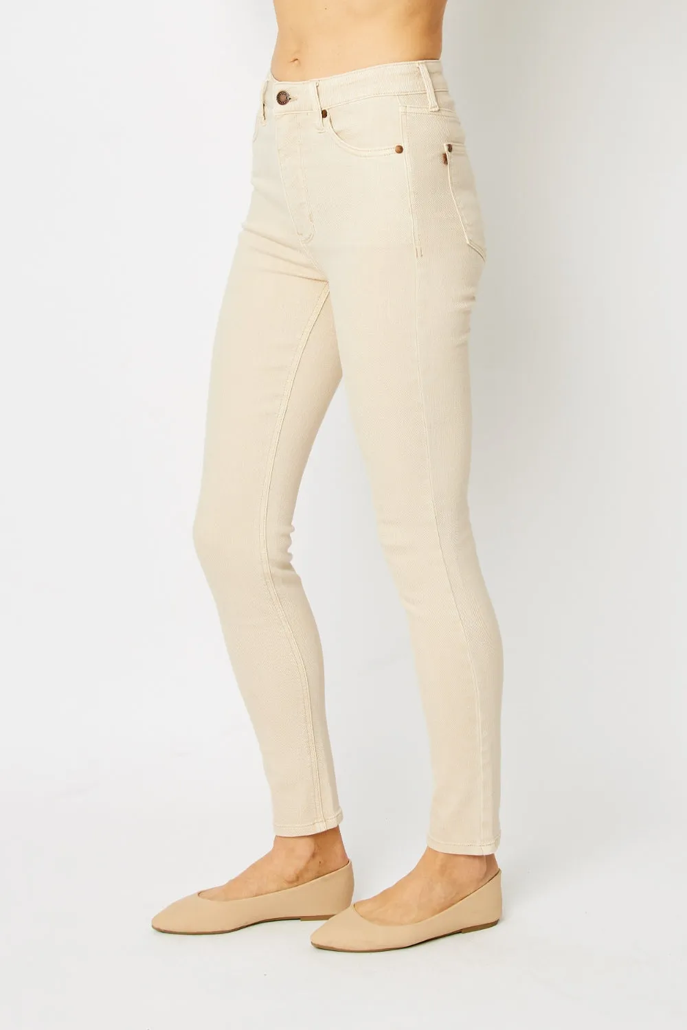 Bone Beige Full Size Garment Dyed Tummy Control Skinny Jeans