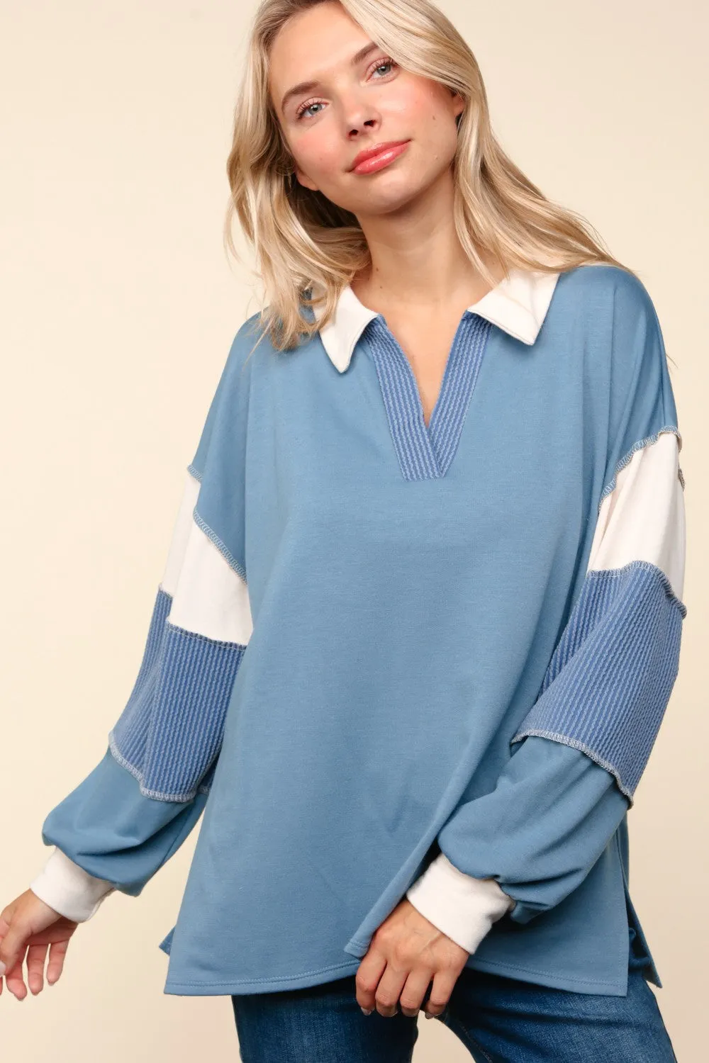 COLOR BLOCK BUBBLE LONG SLEEVE PULLOVER TOP