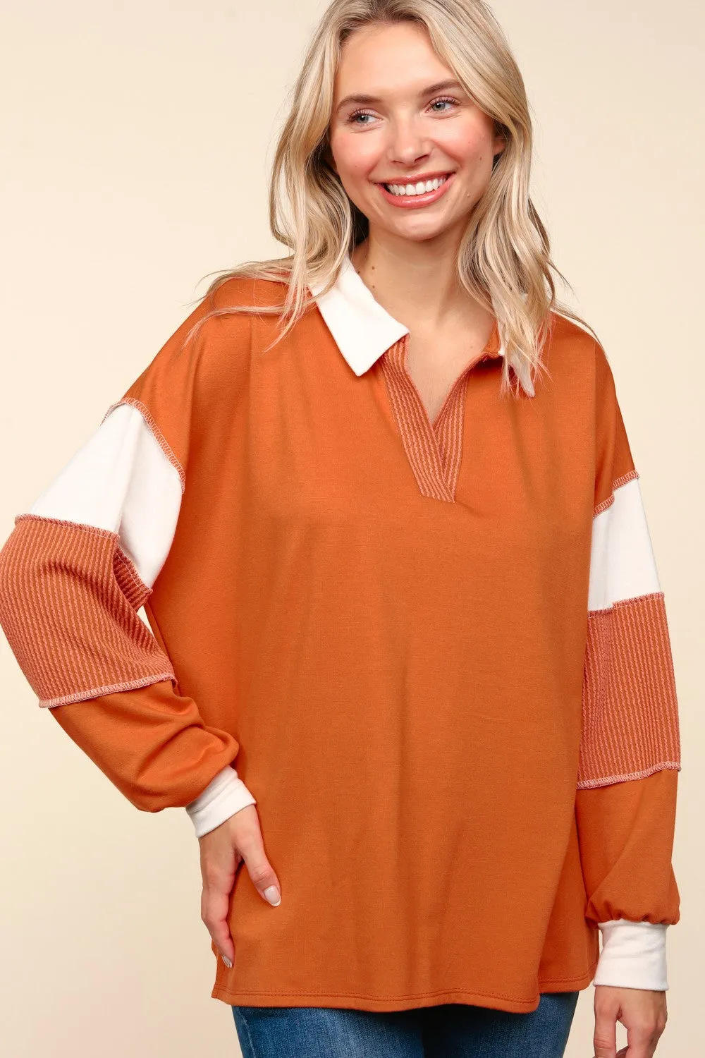 COLOR BLOCK BUBBLE LONG SLEEVE PULLOVER TOP