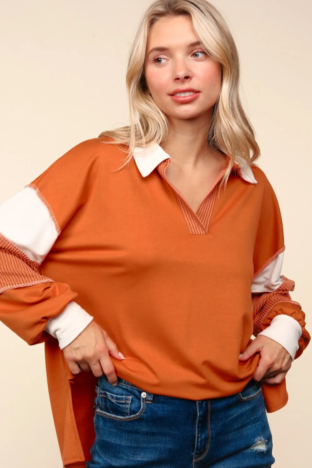 COLOR BLOCK BUBBLE LONG SLEEVE PULLOVER TOP