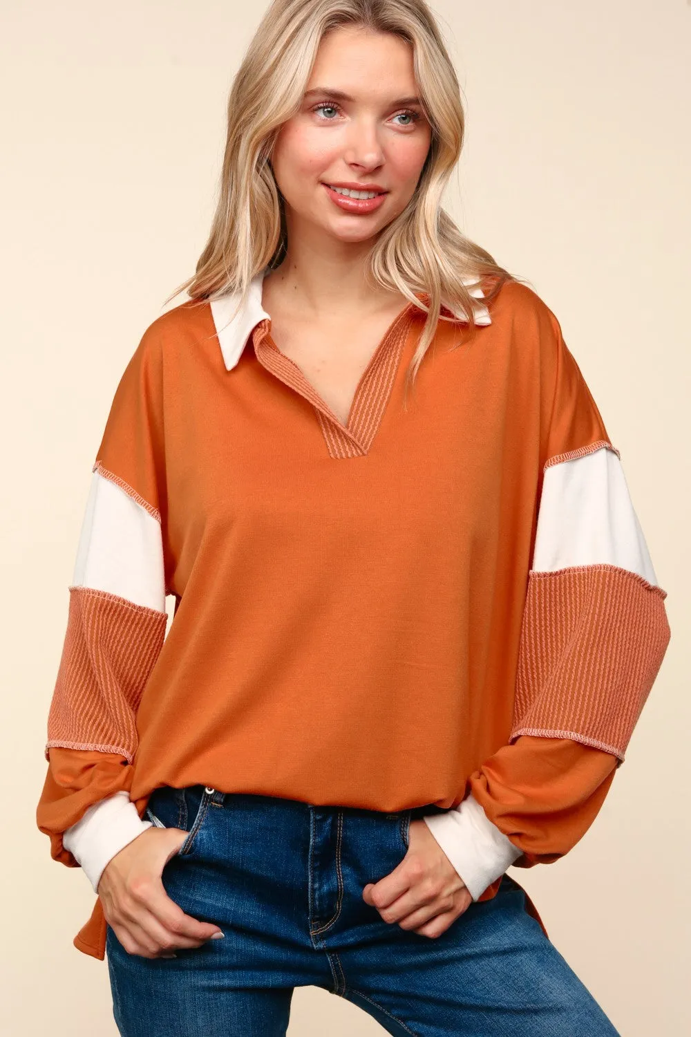 COLOR BLOCK BUBBLE LONG SLEEVE PULLOVER TOP