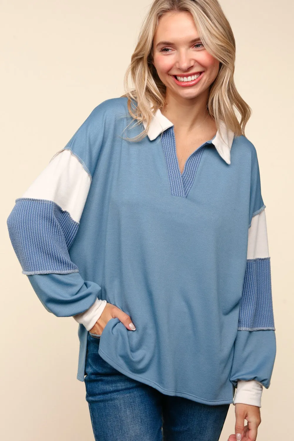 COLOR BLOCK BUBBLE LONG SLEEVE PULLOVER TOP