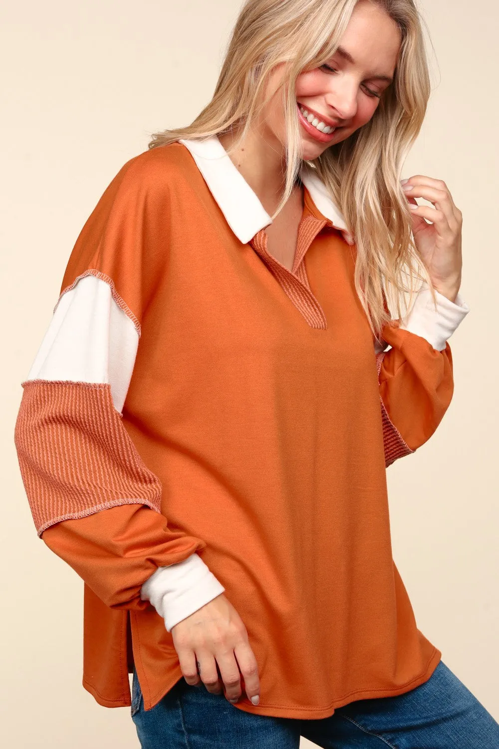 COLOR BLOCK BUBBLE LONG SLEEVE PULLOVER TOP