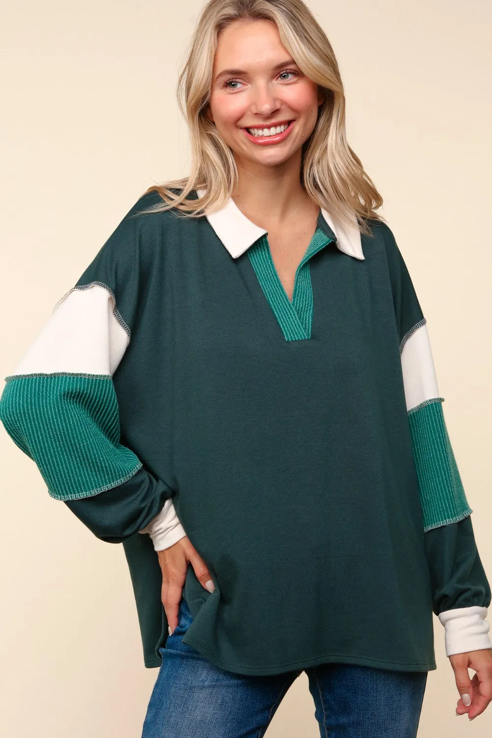 COLOR BLOCK BUBBLE LONG SLEEVE PULLOVER TOP