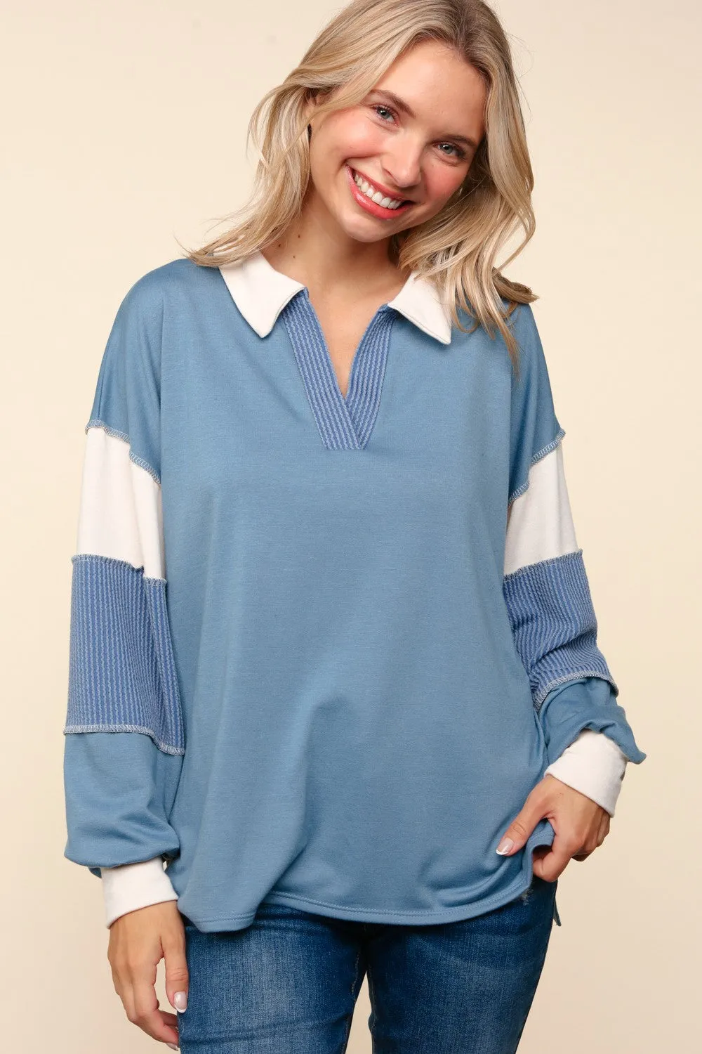 COLOR BLOCK BUBBLE LONG SLEEVE PULLOVER TOP