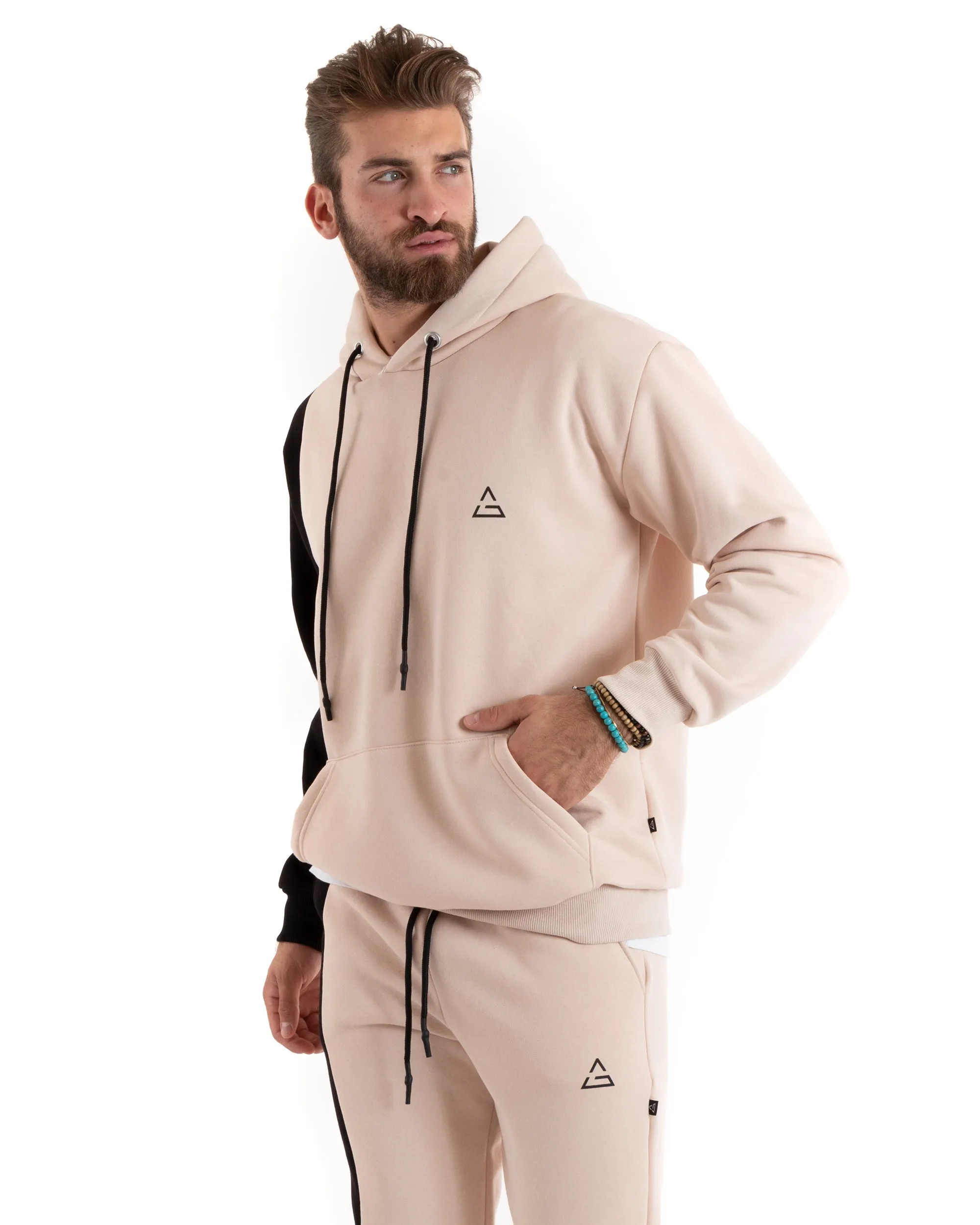 Completo Tuta Uomo Basic Felpa Con Cappuccio Pantaloni Cotone Felpato Tinta Unita Bicolore Rosa GIOSAL-OU2420A