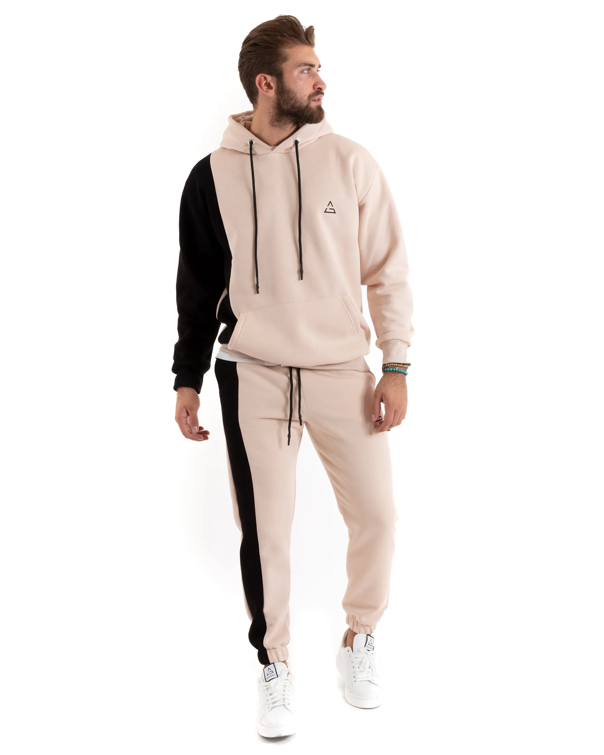 Completo Tuta Uomo Basic Felpa Con Cappuccio Pantaloni Cotone Felpato Tinta Unita Bicolore Rosa GIOSAL-OU2420A