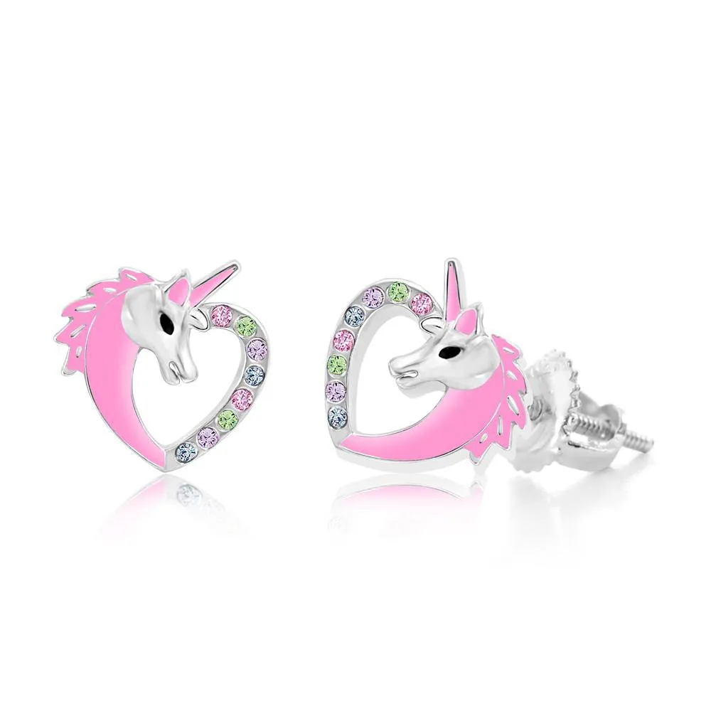 Crystal Pink Enamel Unicorn Heart Screwback Earrings