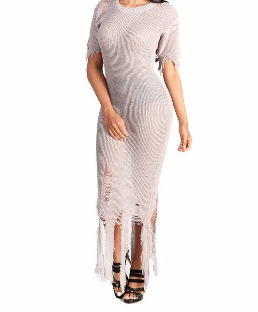 Cut-out Fringe Knit Maxi Dress