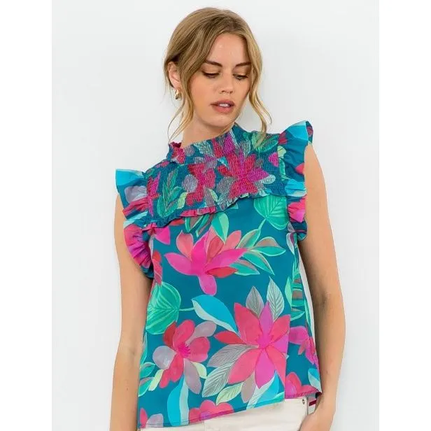 Ellie Smocked Flower Print THML Top-SALE