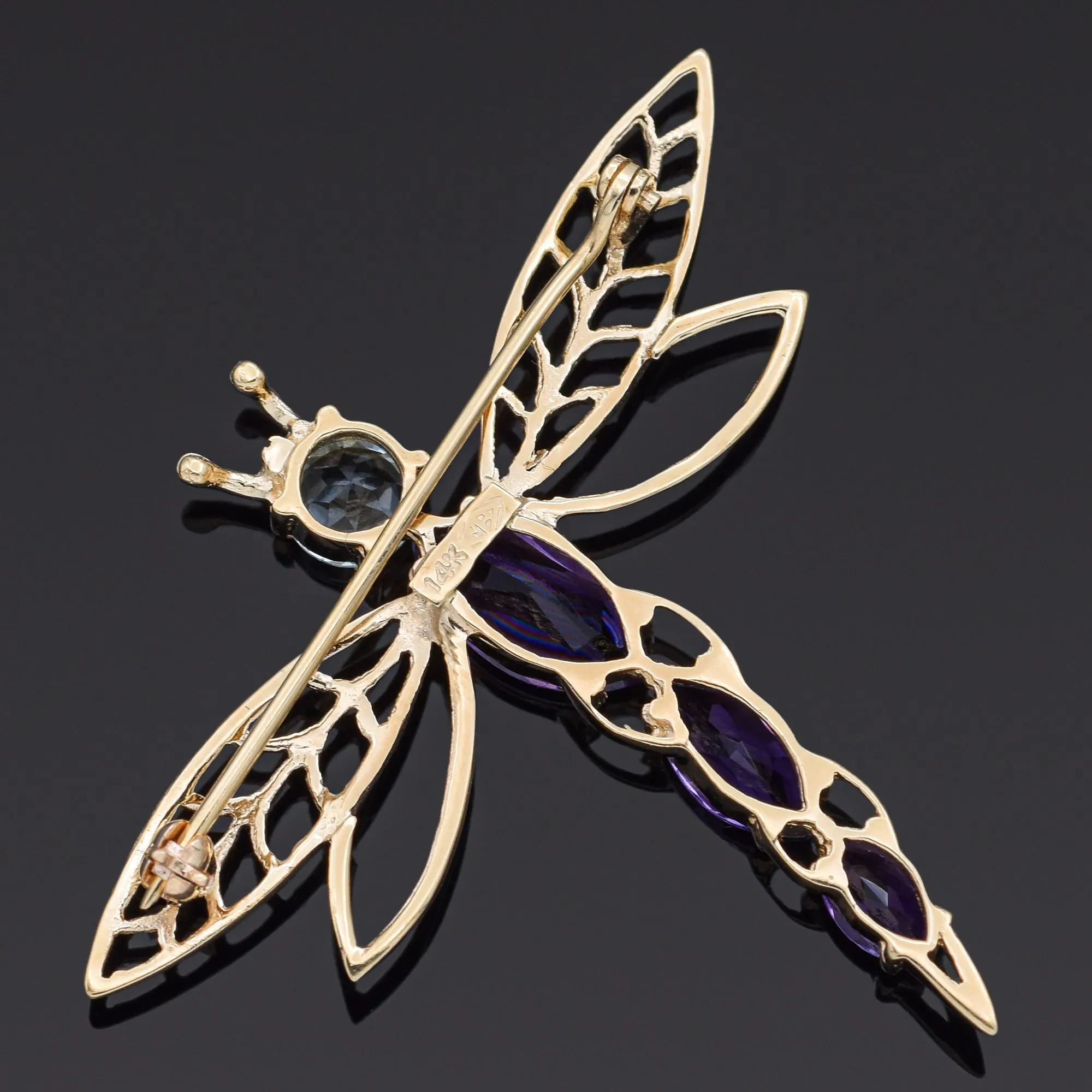 Estate MB Signed 14K Yellow Gold Amethyst & Blue Topaz Dragonfly Brooch Pin