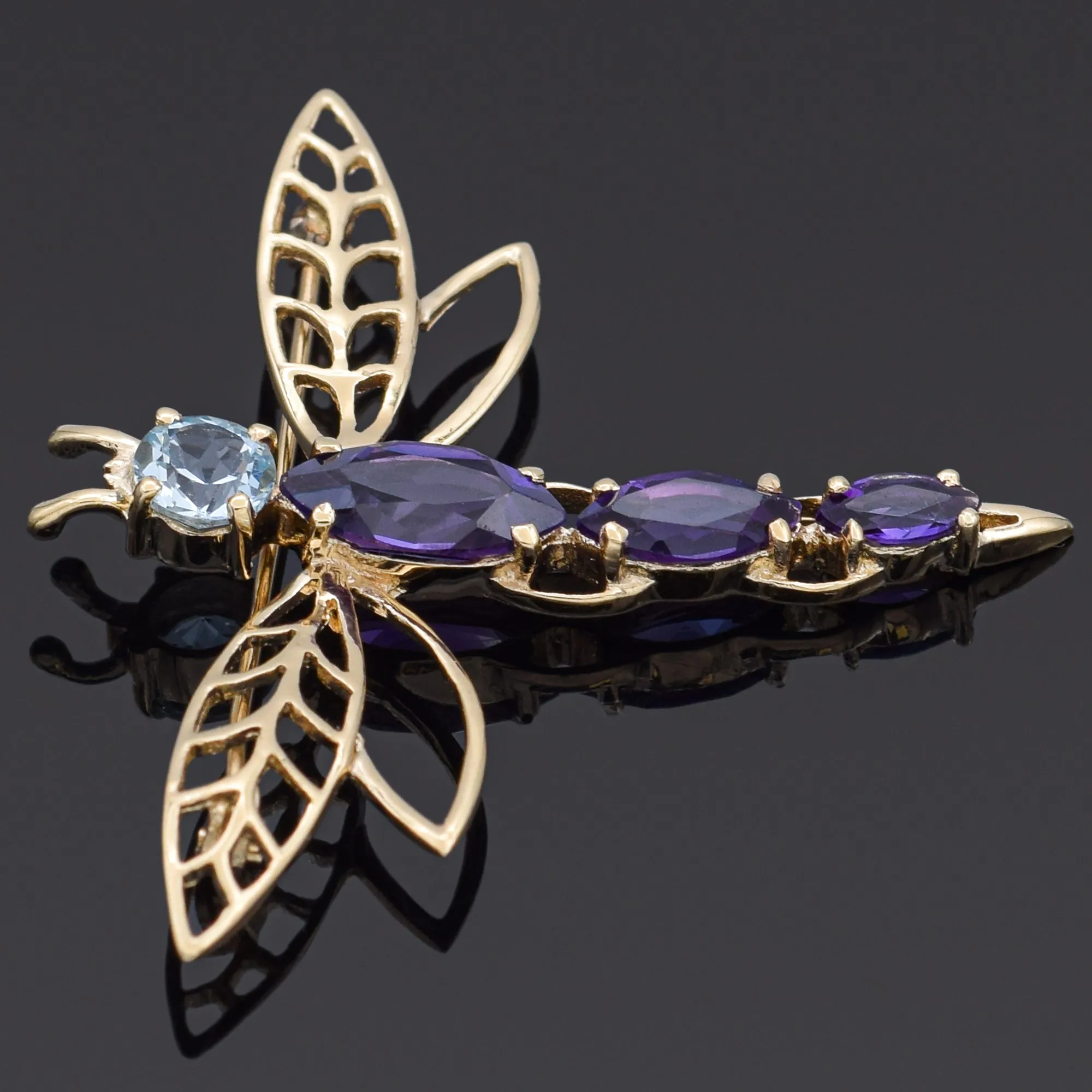 Estate MB Signed 14K Yellow Gold Amethyst & Blue Topaz Dragonfly Brooch Pin