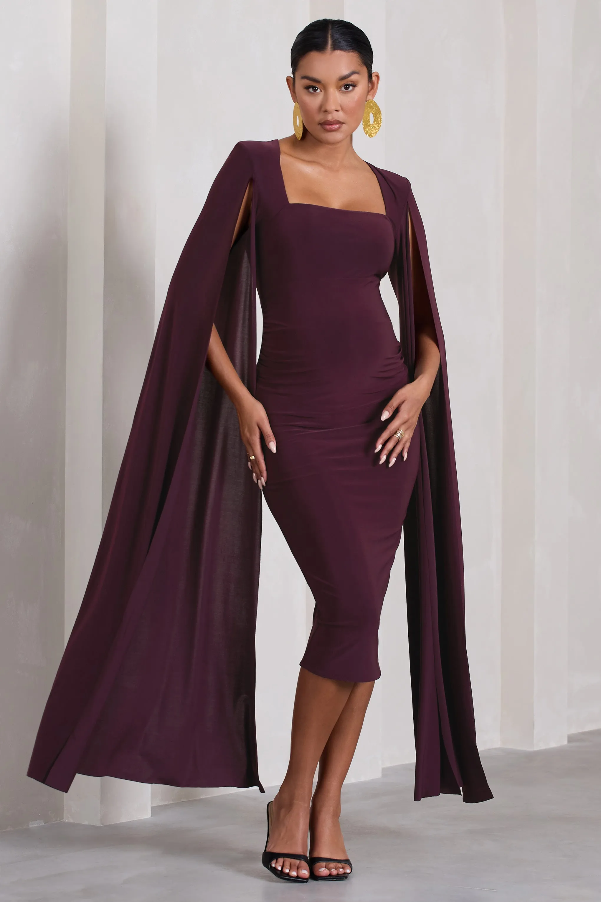 Flawless | Plum Maternity Square Neck Midi Dress With Cape Sleeves