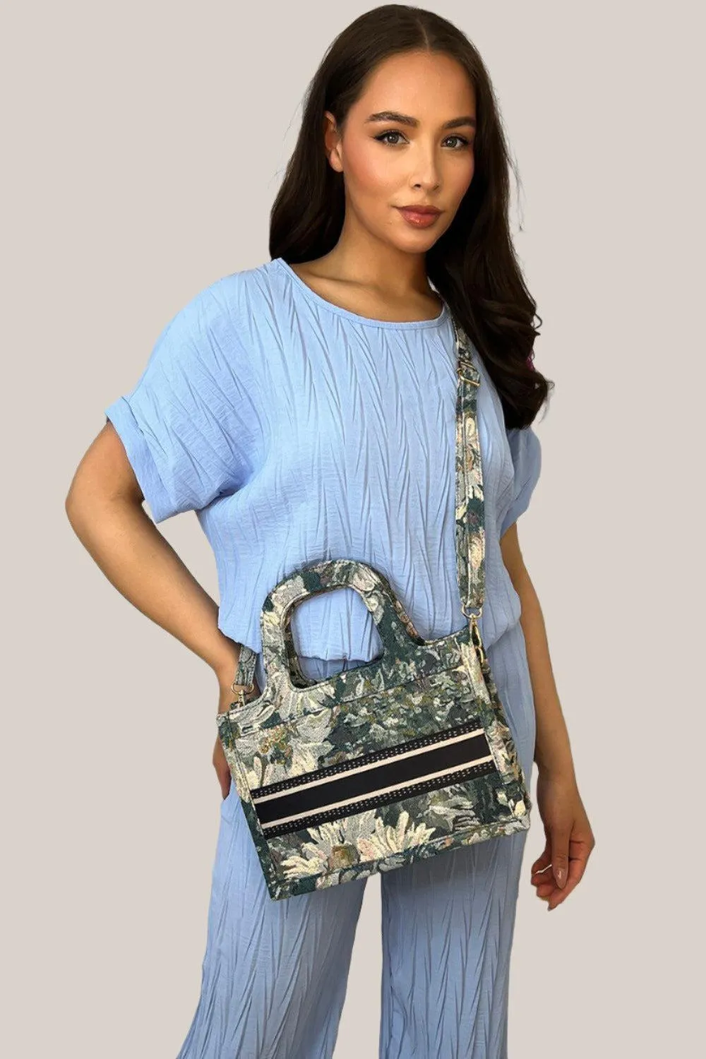 Floral Jacquard Hard Handles Handbag