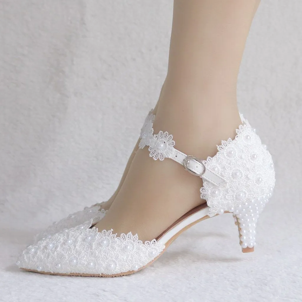 Flowers Crystal Wedding Pointed Toe Thin High Heels White Lace Shoes