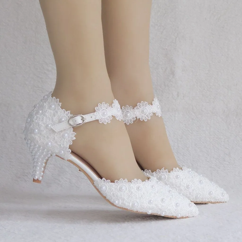 Flowers Crystal Wedding Pointed Toe Thin High Heels White Lace Shoes