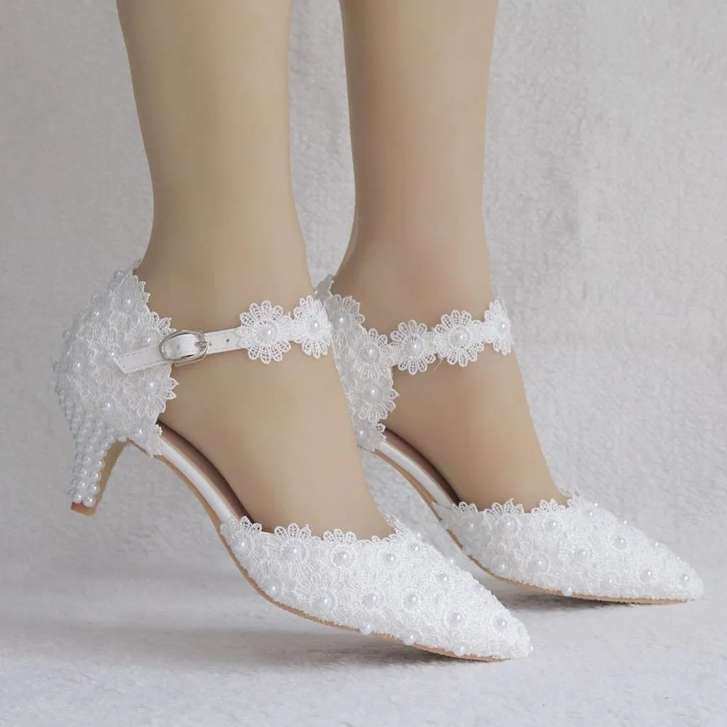 Flowers Crystal Wedding Pointed Toe Thin High Heels White Lace Shoes