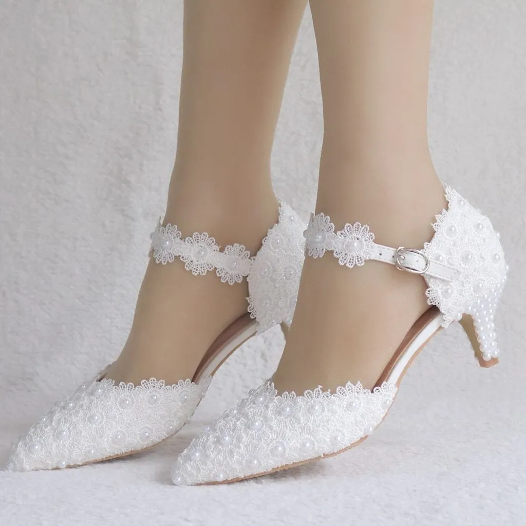 Flowers Crystal Wedding Pointed Toe Thin High Heels White Lace Shoes