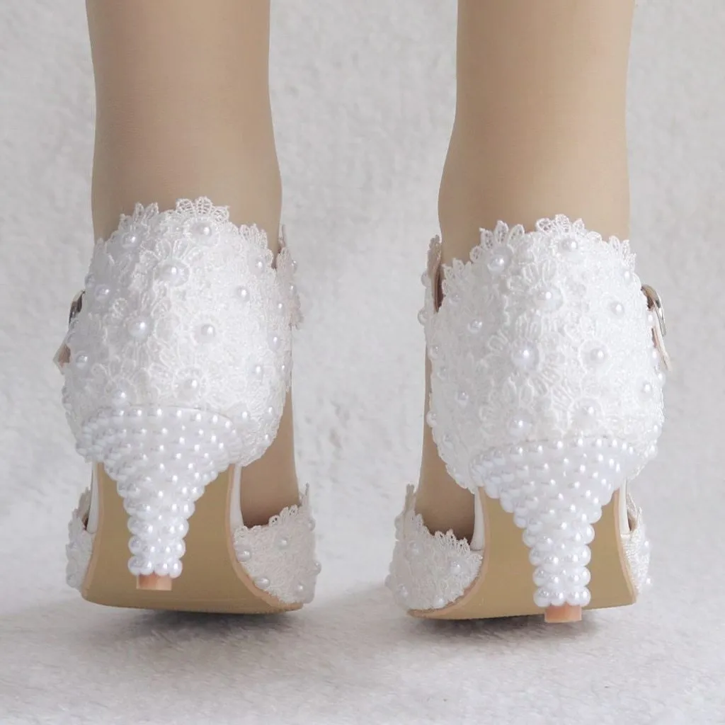 Flowers Crystal Wedding Pointed Toe Thin High Heels White Lace Shoes