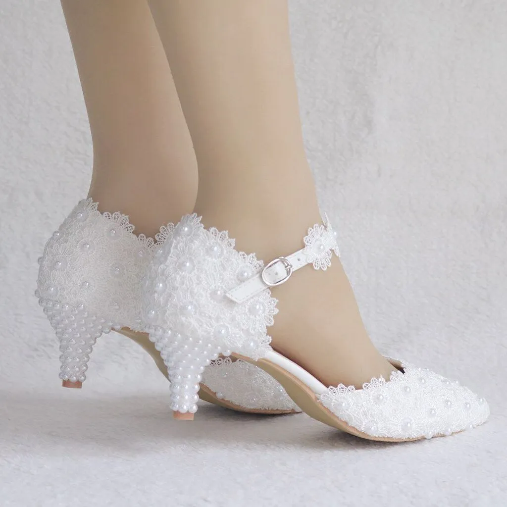 Flowers Crystal Wedding Pointed Toe Thin High Heels White Lace Shoes