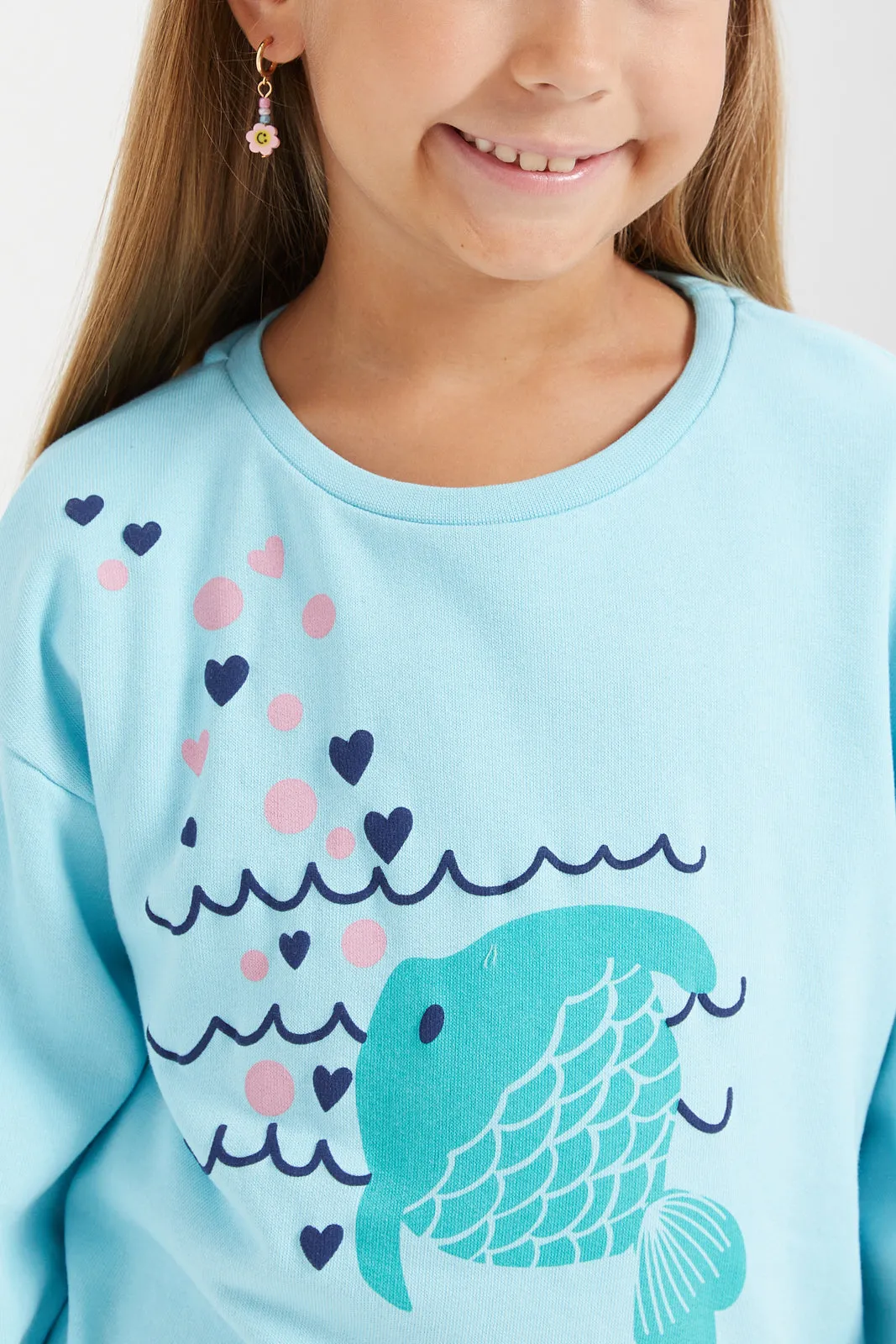 Girls Blue Printed Sweatshirt