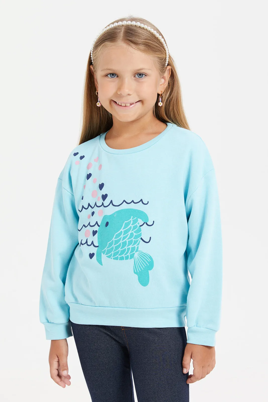 Girls Blue Printed Sweatshirt