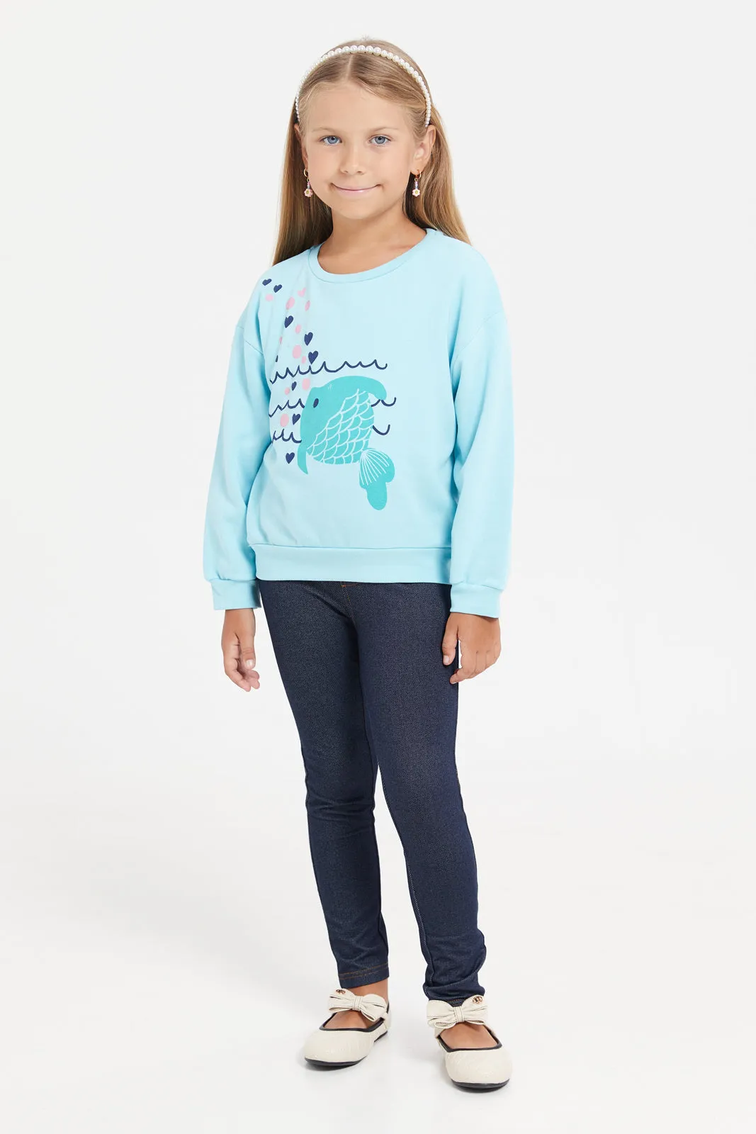 Girls Blue Printed Sweatshirt