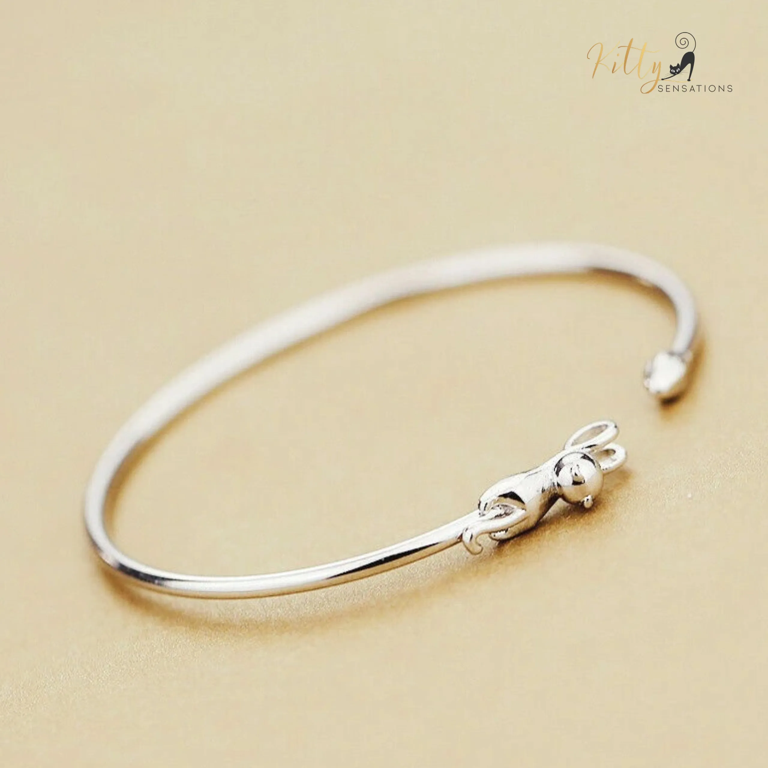 Hanging Cat Cuff Bracelet - Silver Plated (Adjustable)