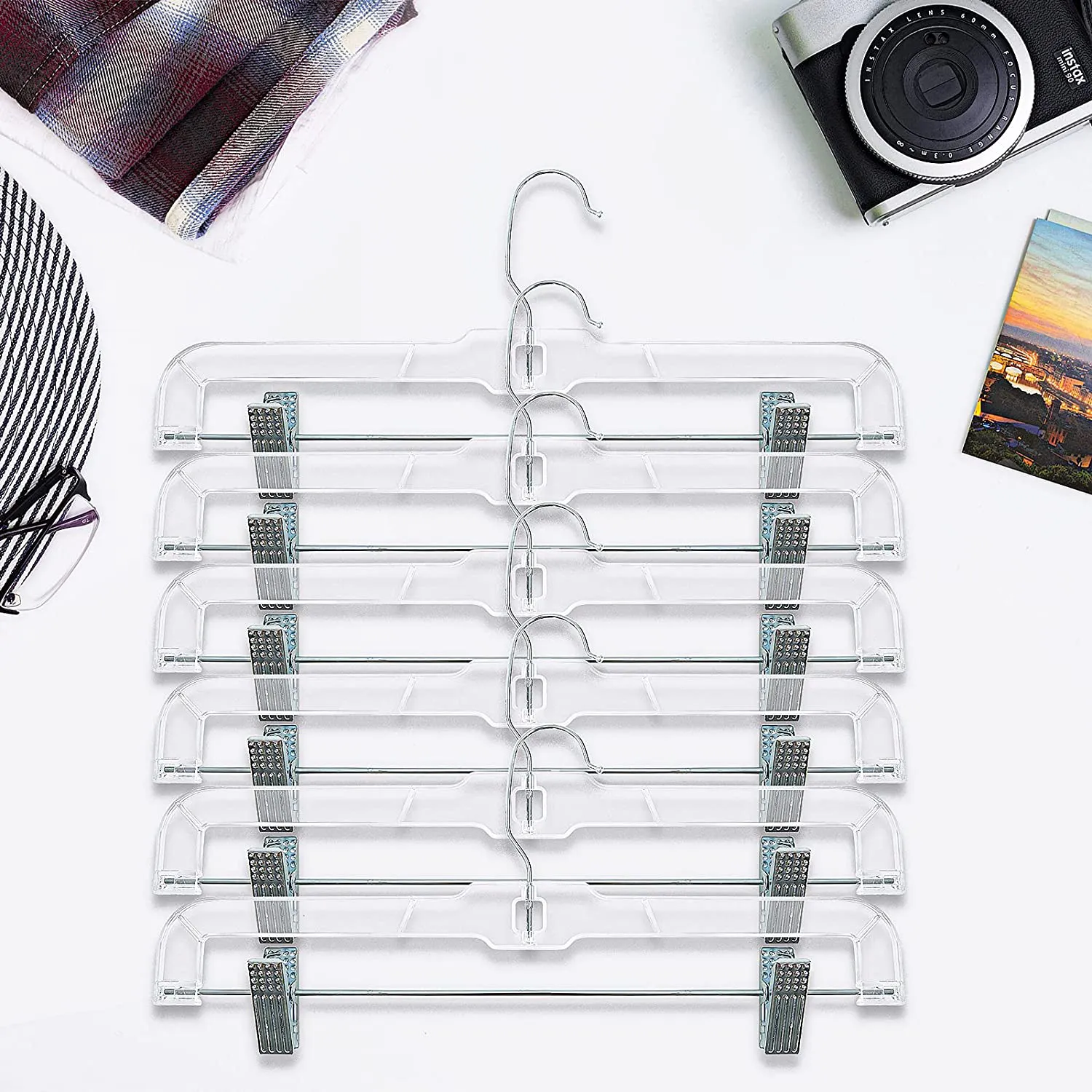 HOUSE DAY 12 Pack 14 inch Clear Plastic Skirt Hangers with Adjustable Clips, Pants Hangers 360-Rotating Swivel Hook, Clip Hangers for Pants, Trousers, Skirts, Jeans, Bulk Plastic Hangers