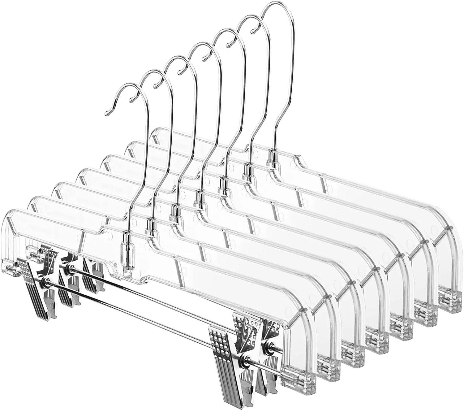 HOUSE DAY 12 Pack 14 inch Clear Plastic Skirt Hangers with Adjustable Clips, Pants Hangers 360-Rotating Swivel Hook, Clip Hangers for Pants, Trousers, Skirts, Jeans, Bulk Plastic Hangers